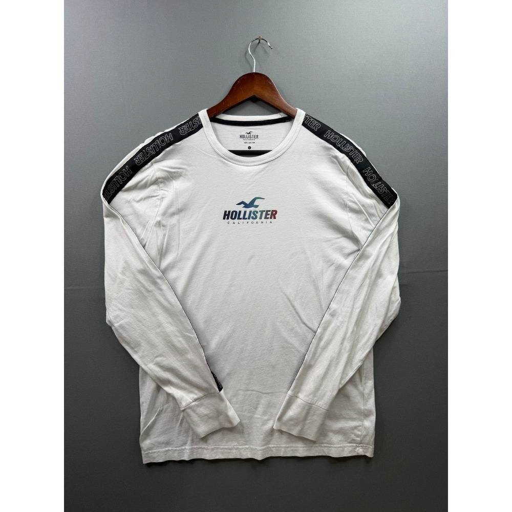 Hollister Long Sleeve Tee Mens White‎ Branded Sleeve Tape Graphic Large